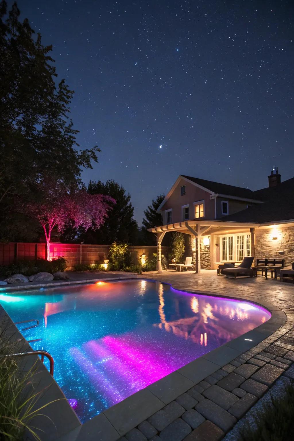 Underwater LED lights create a magical nighttime glow in the pool.