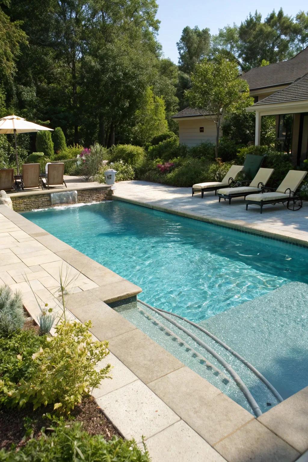 A sunny tanning ledge offers a perfect spot for lounging in shallow water.