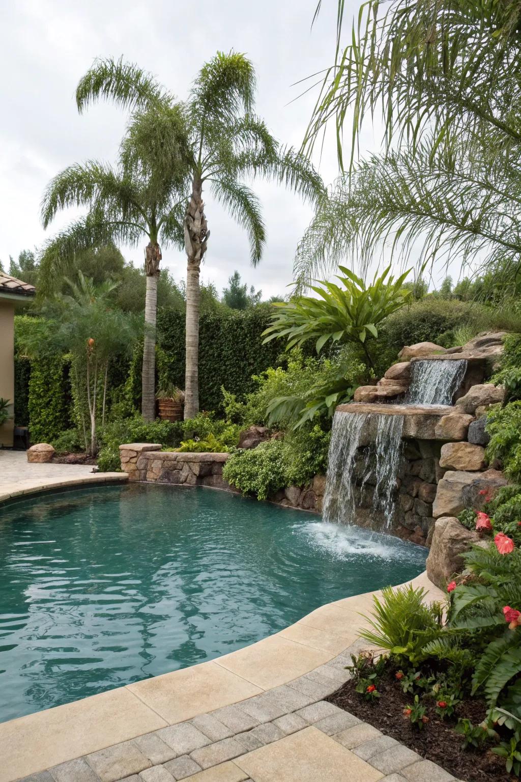 A tranquil pool with a stunning waterfall feature for added serenity.