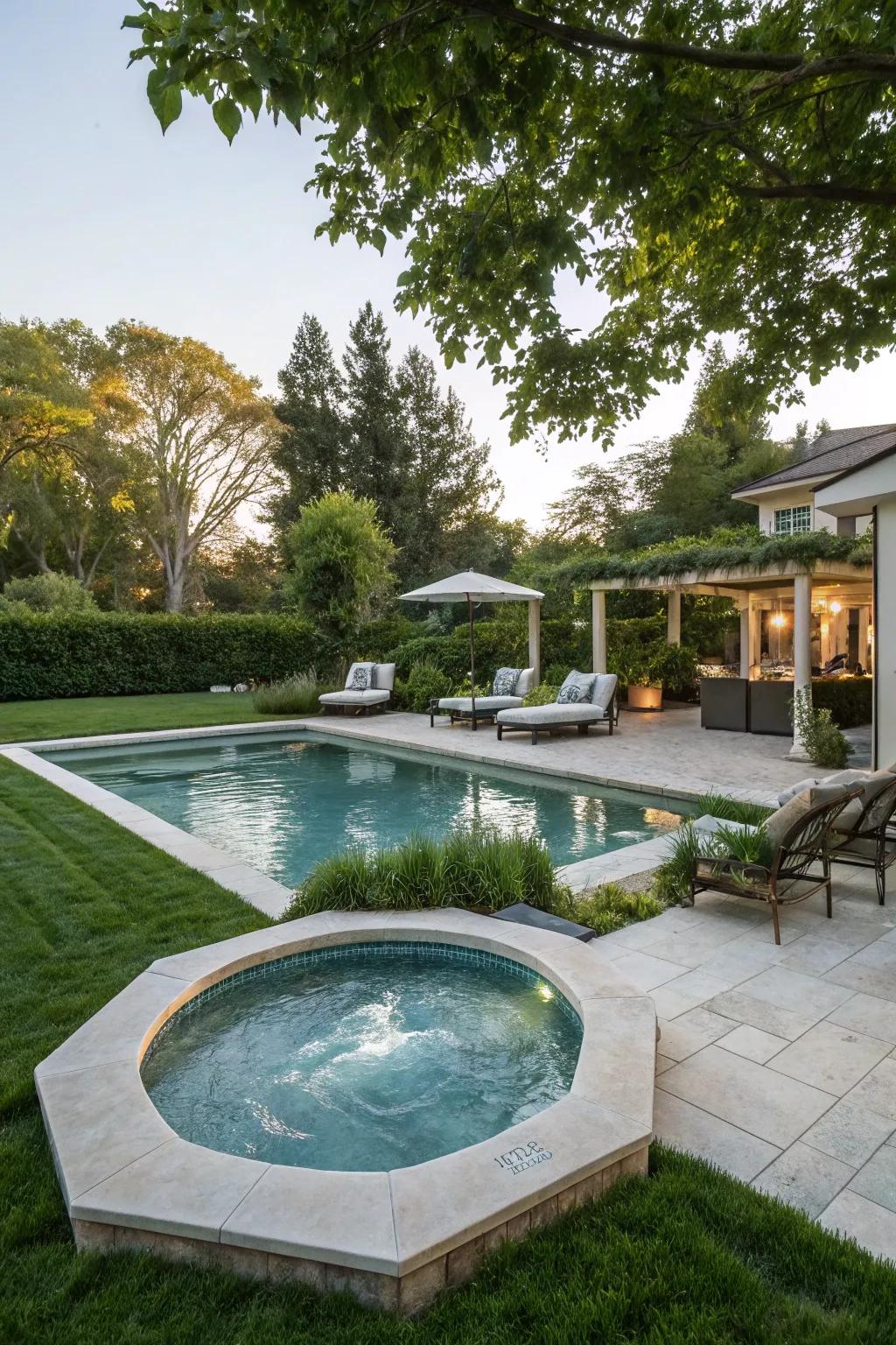 A luxurious hot tub integrated with the pool for ultimate relaxation.