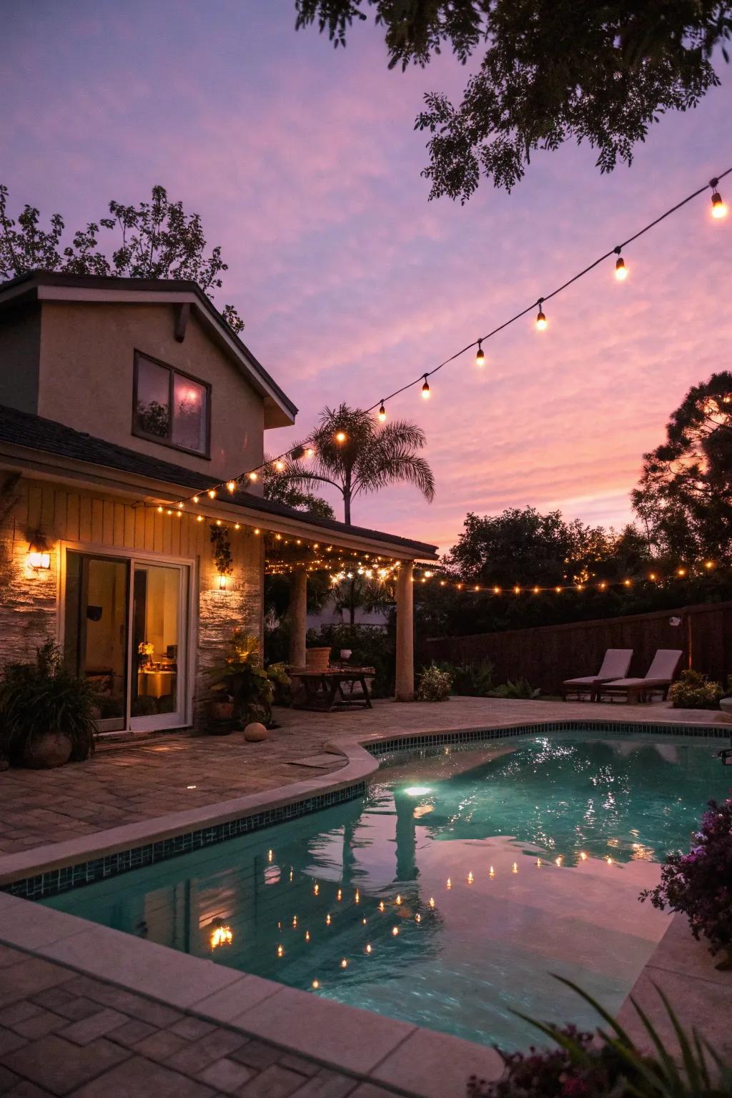 Evening ambiance enhanced by soft pool lighting, perfect for nighttime swims.