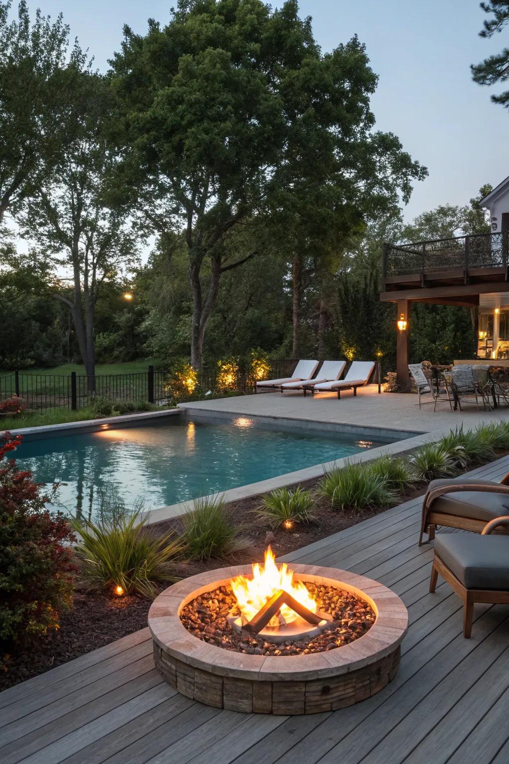 A poolside fire pit adds warmth and a cozy ambiance for evening relaxation.
