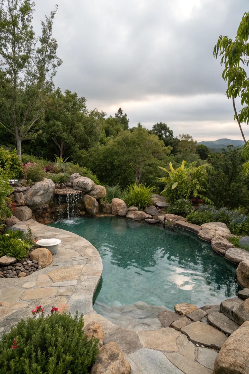 A pool surrounded by natural elements, creating a serene oasis.
