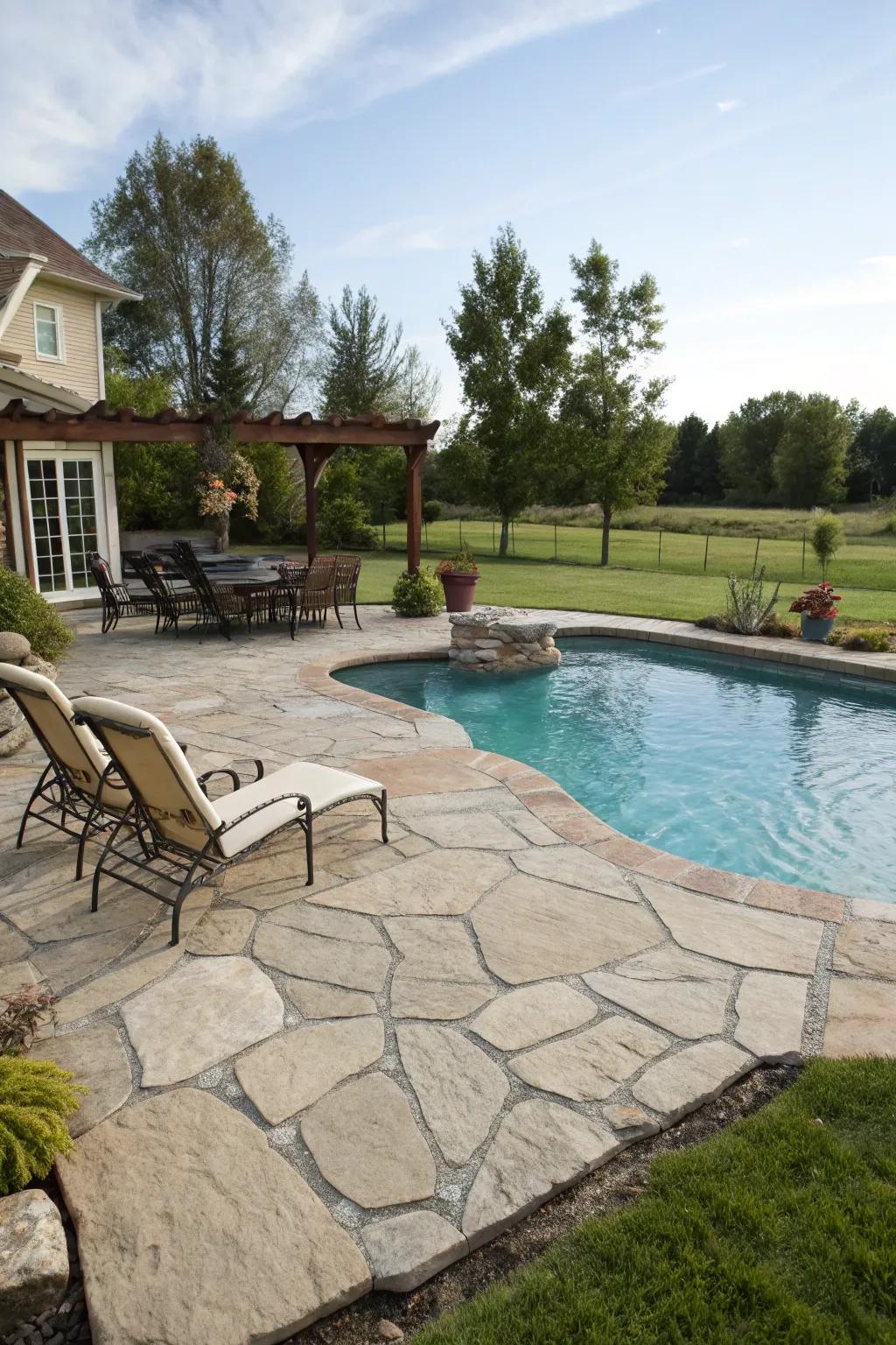 Chic stone decking offers a durable and stylish poolside experience.