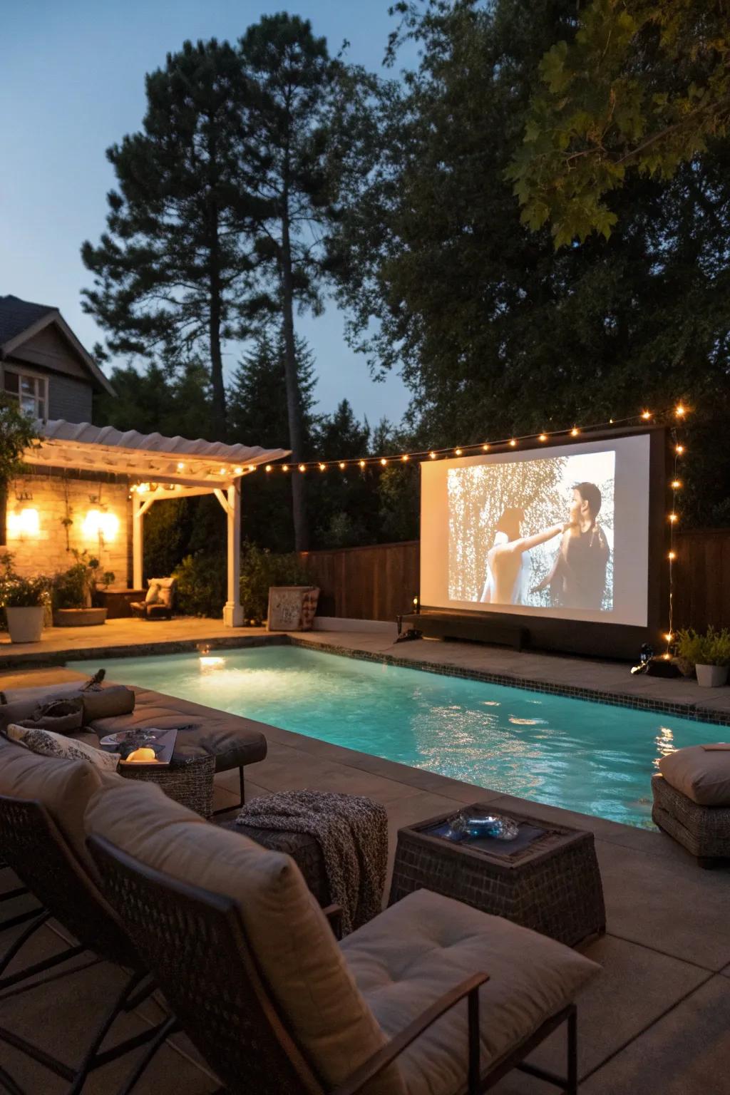 A poolside theater setup for entertaining movie nights under the stars.