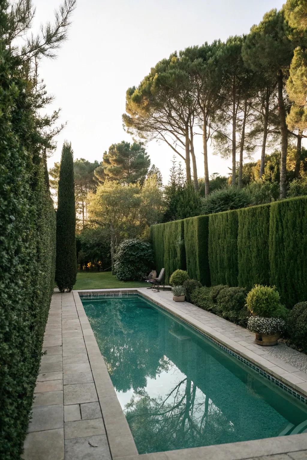 Privacy elements create a secluded and inviting pool area.