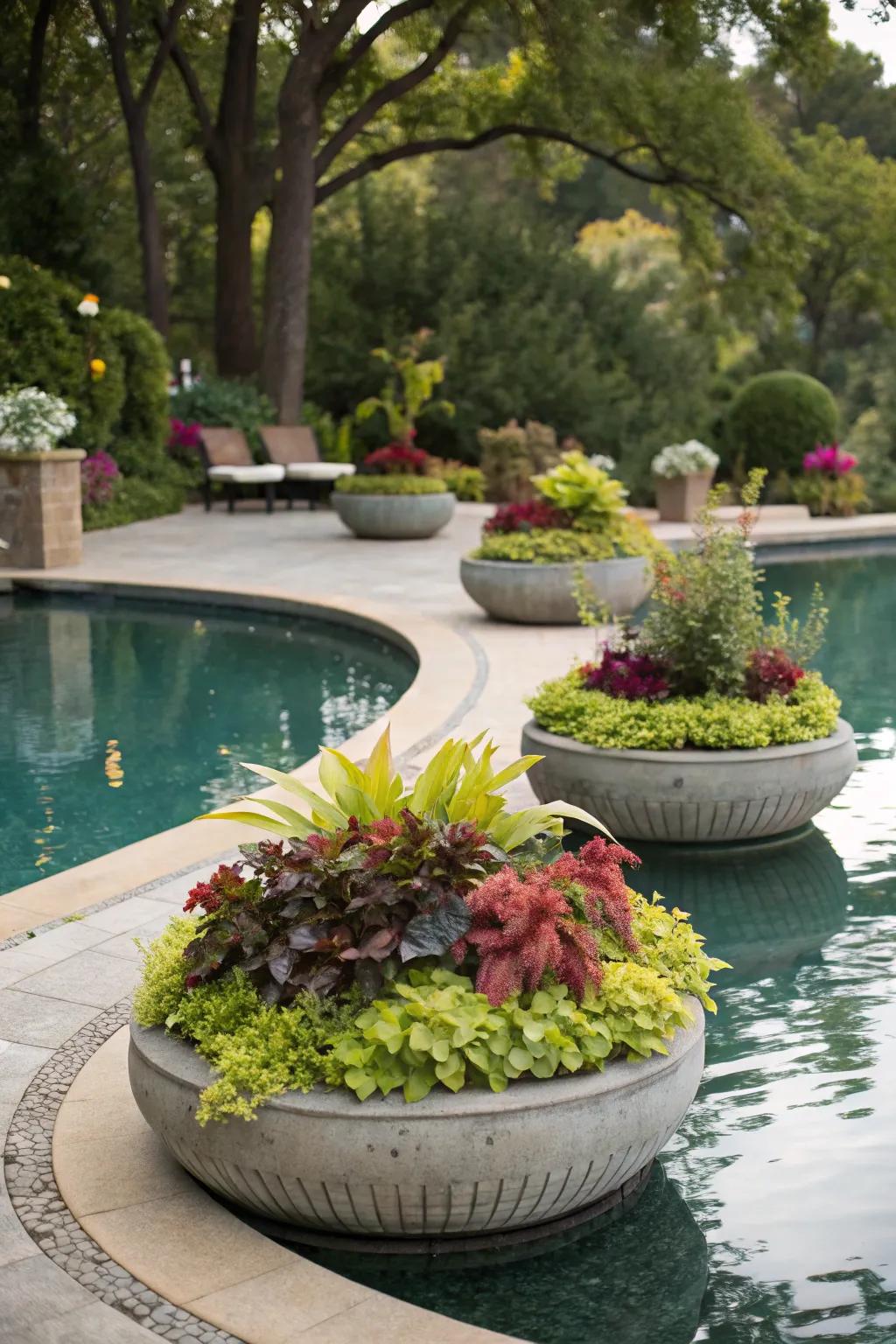 Floating planters create a unique visual impact.