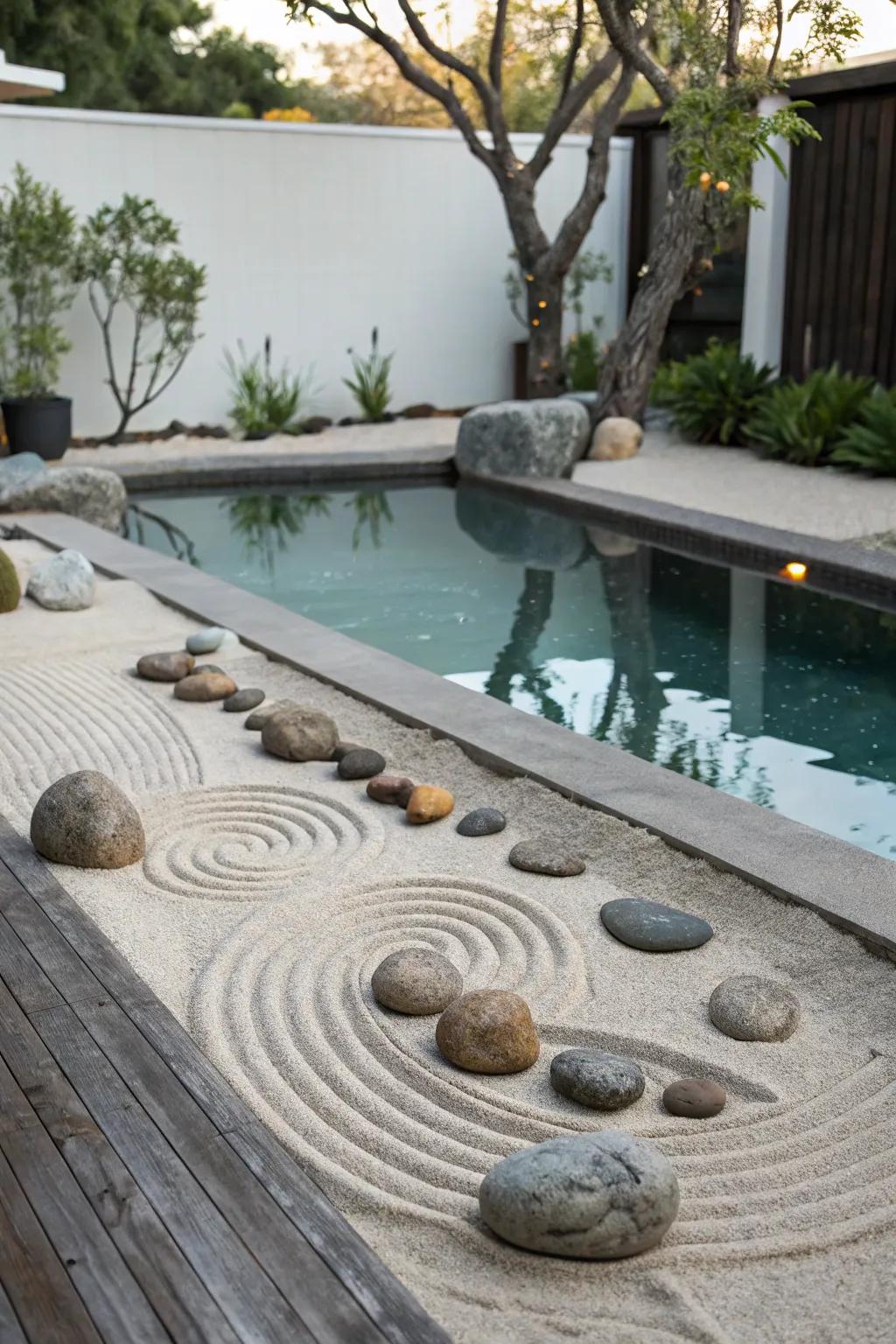Zen garden elements add peace and tranquility to your poolside.
