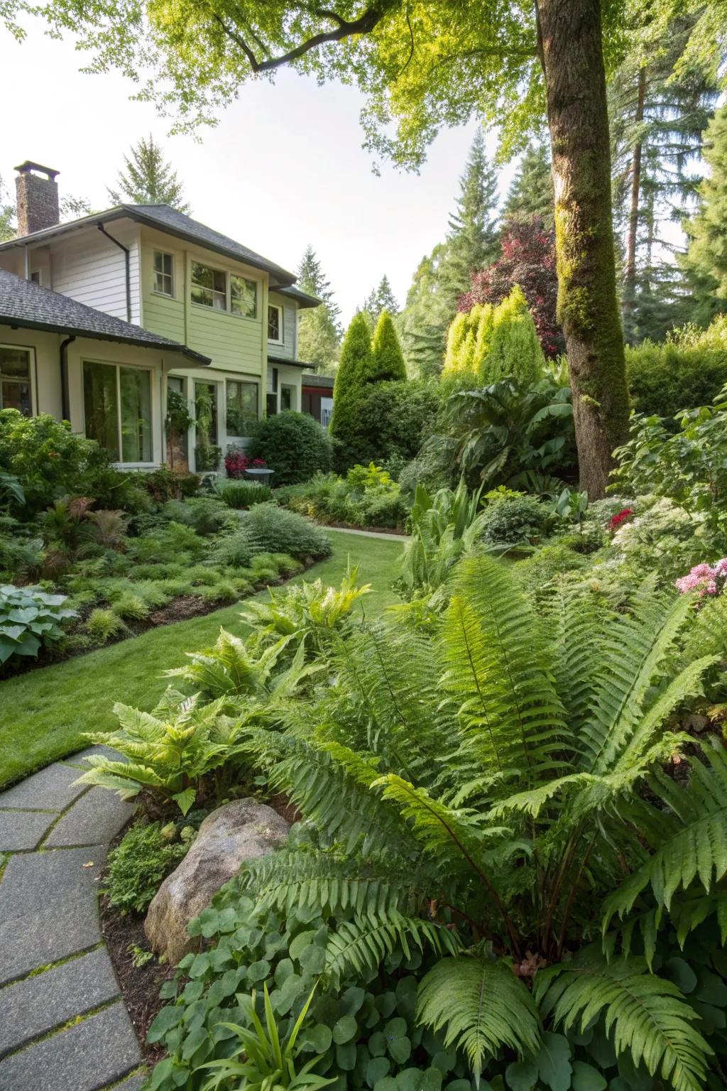Native ferns and evergreens create a vibrant and easy-to-maintain landscape.
