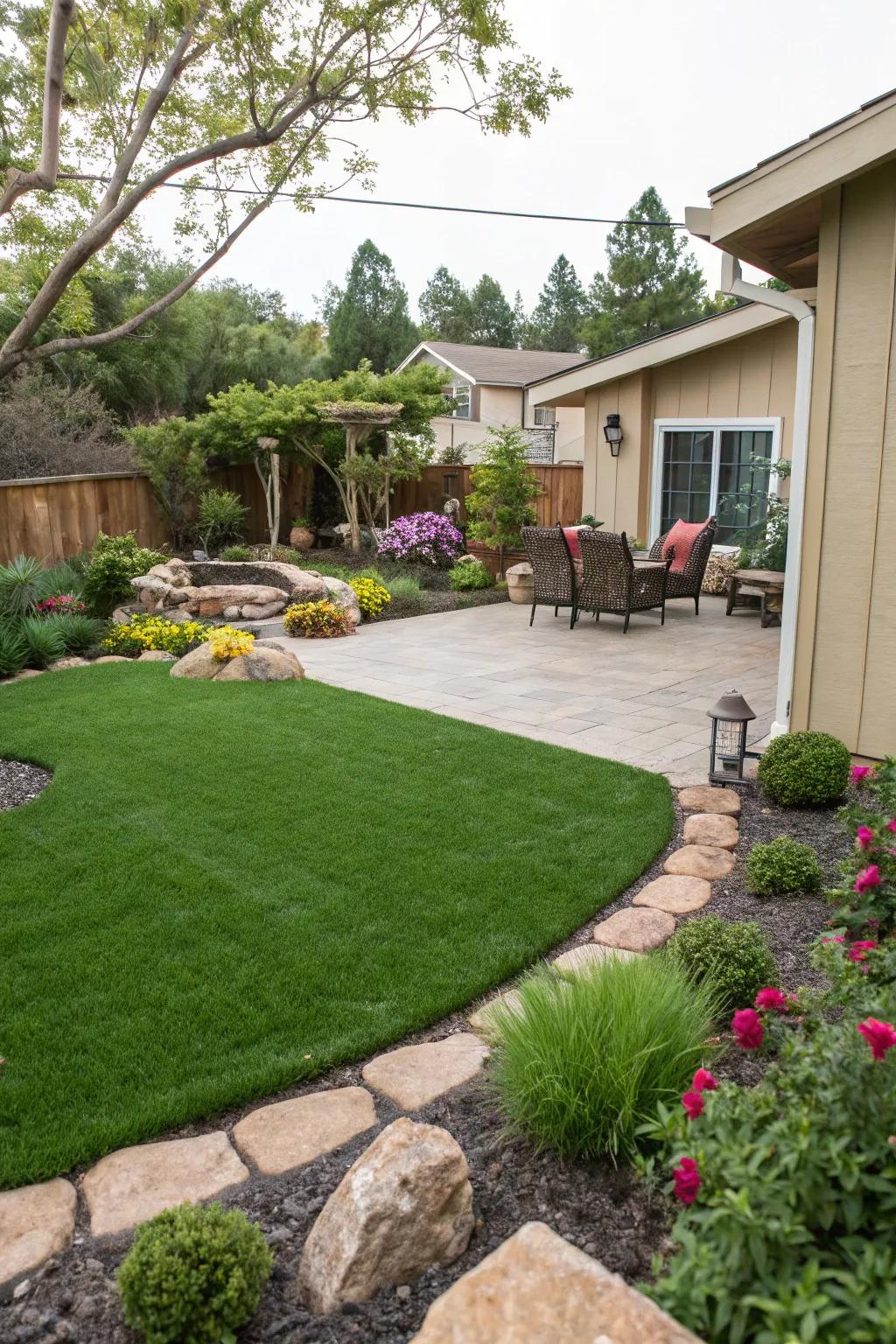 Artificial grass provides a lush look with zero maintenance.
