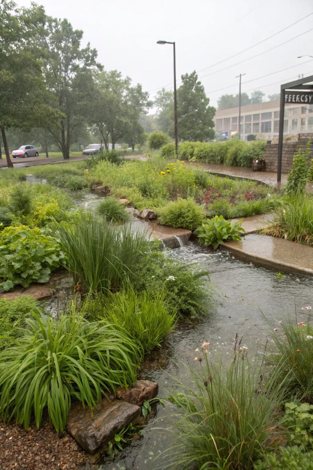 Rain gardens harness natural water flow for a sustainable landscape.