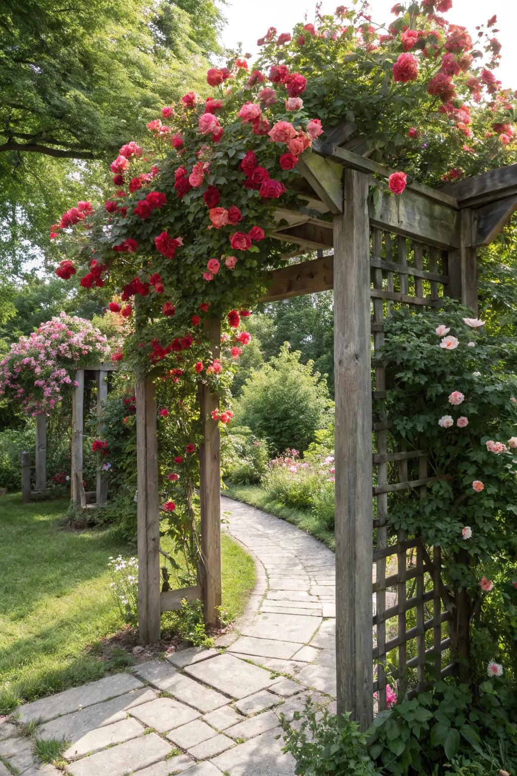 A wooden trellis with climbing roses offers both beauty and function.
