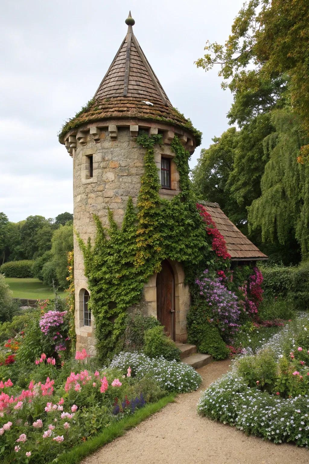 A fantasy castle tower adds a whimsical touch.