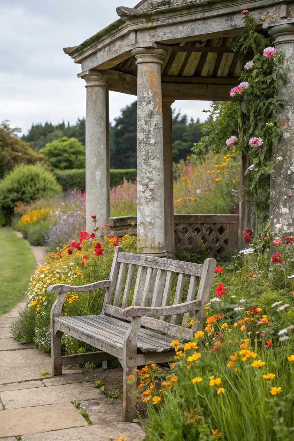 Rustic benches offer a perfect place to relax.
