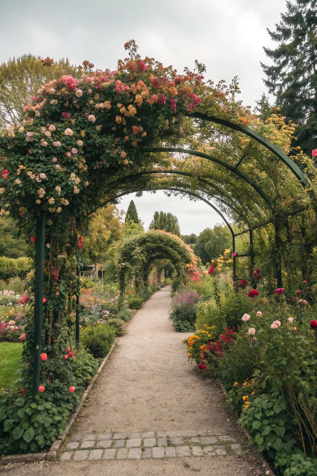 A flower-covered archway welcomes you into the garden.