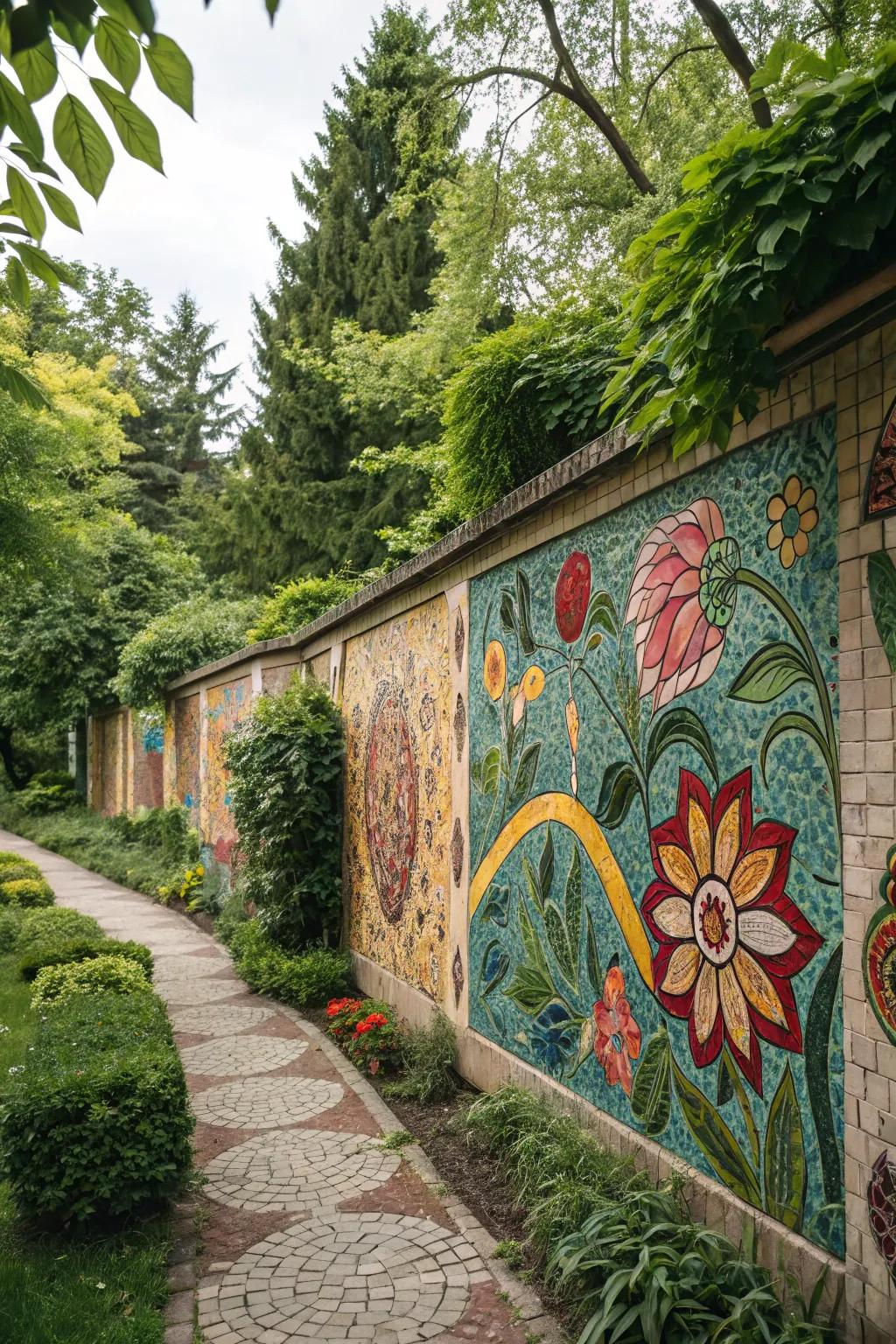Mosaic walls bring vibrant art into the garden.
