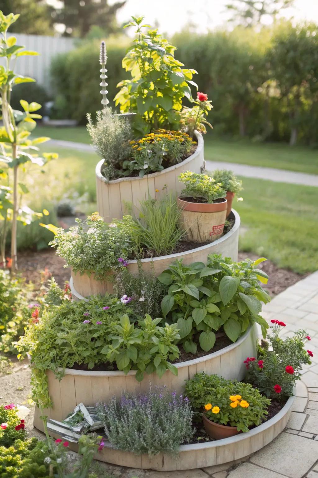 Herb spirals merge functionality with aesthetics.