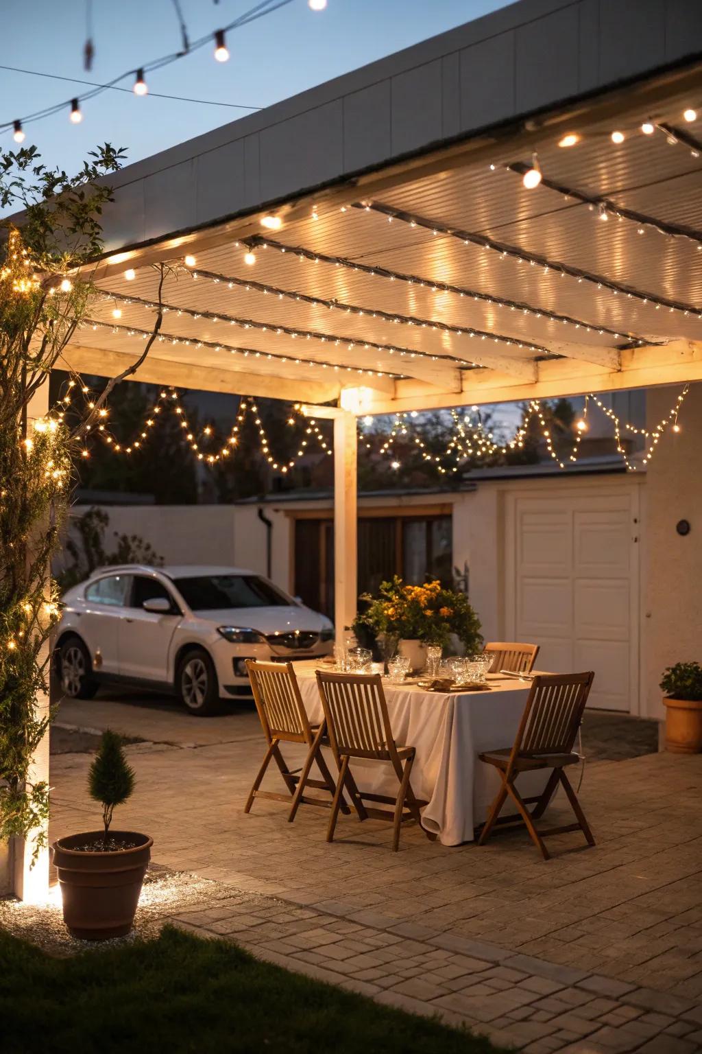 Enjoy al fresco dining with this chic carport setup.