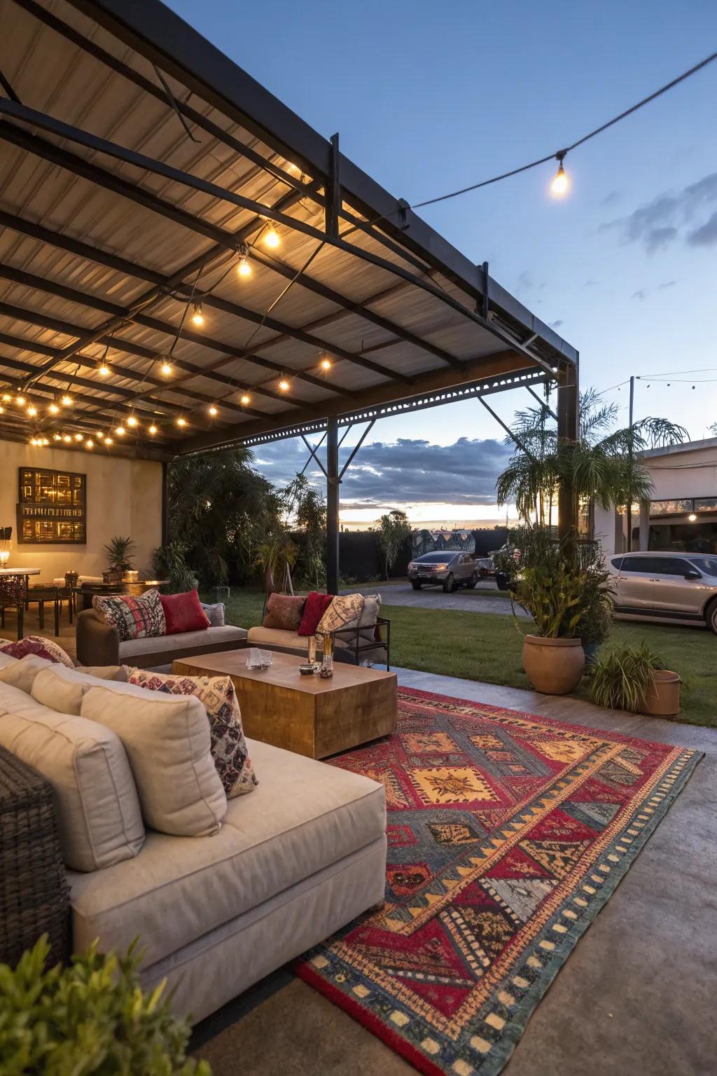 A cozy lounge setup under a carport, ideal for lazy afternoons.