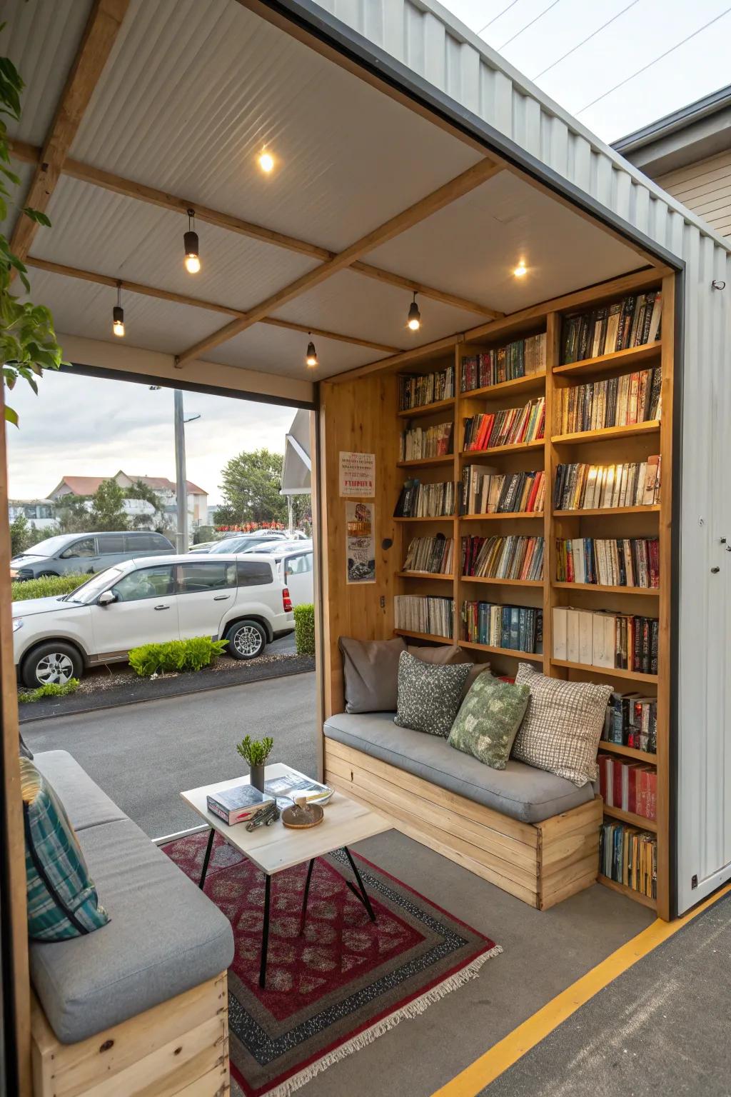 A mini library in your carport makes reading a joy.