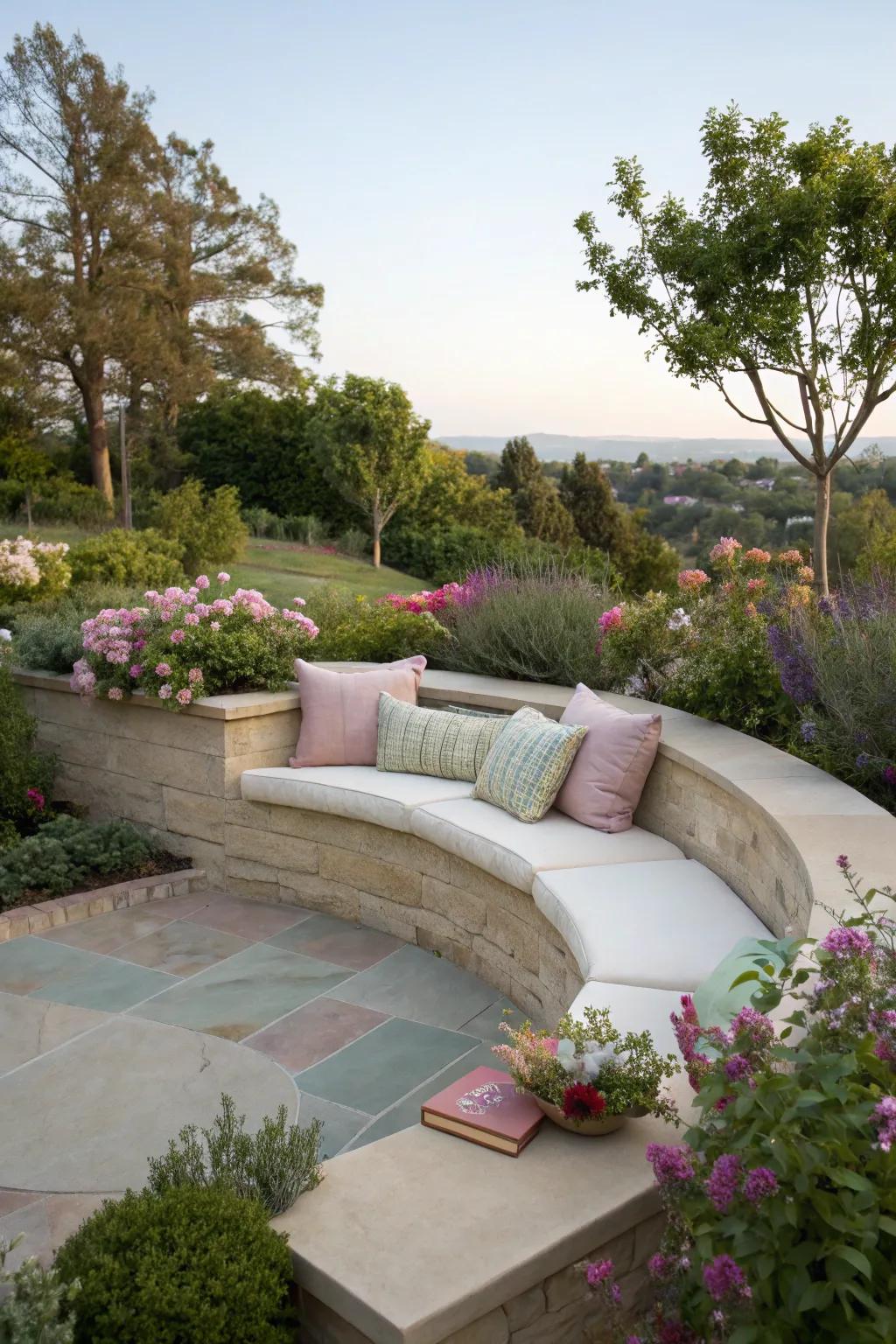 Curved benches foster intimate and comfortable gatherings.