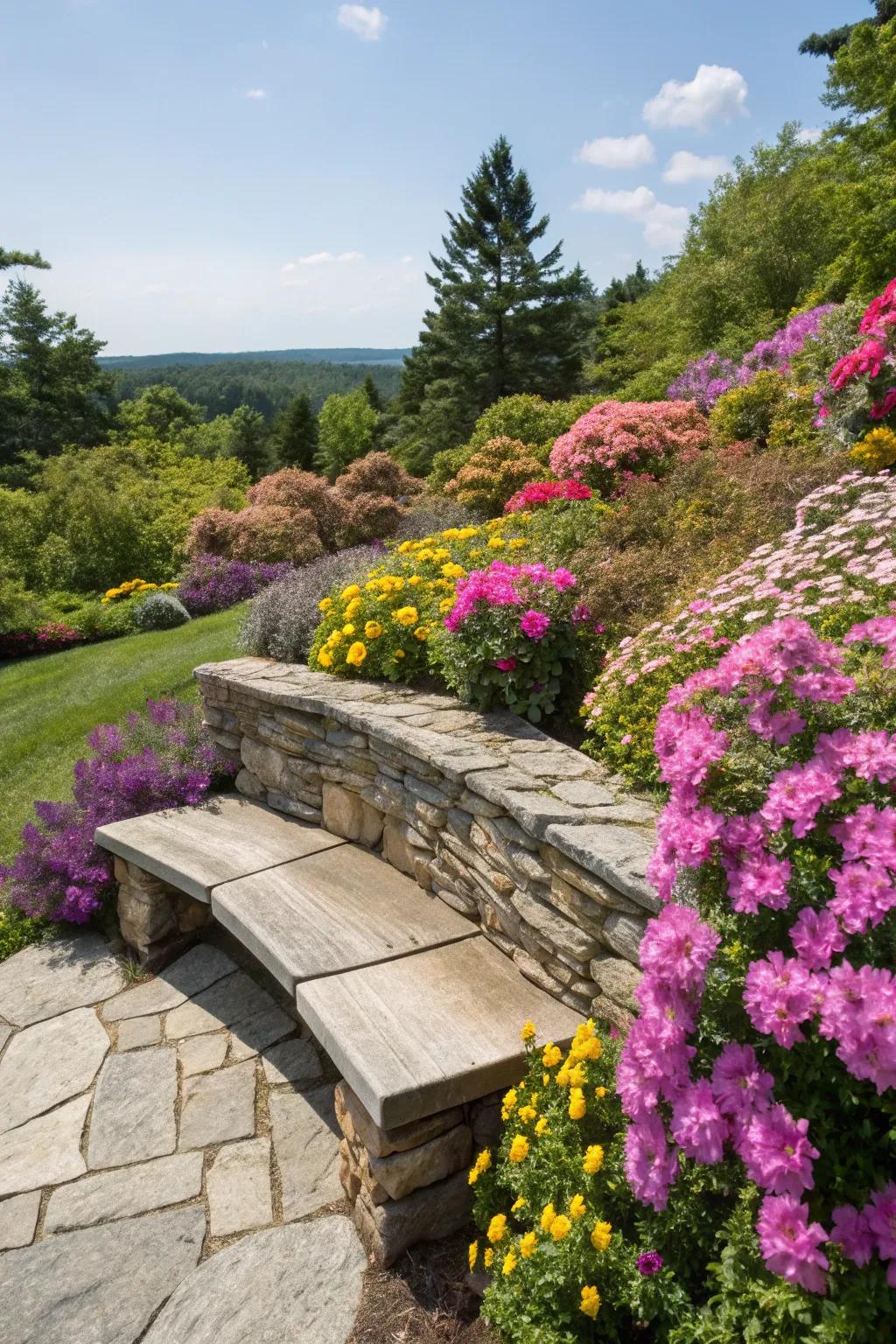 Stone benches blend naturally with lush garden sceneries.