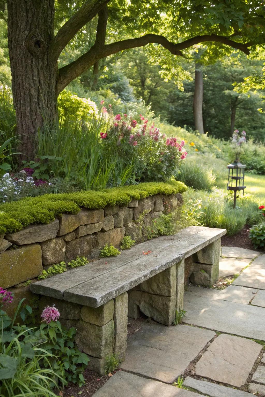 Combining diverse textures adds depth to garden seating.