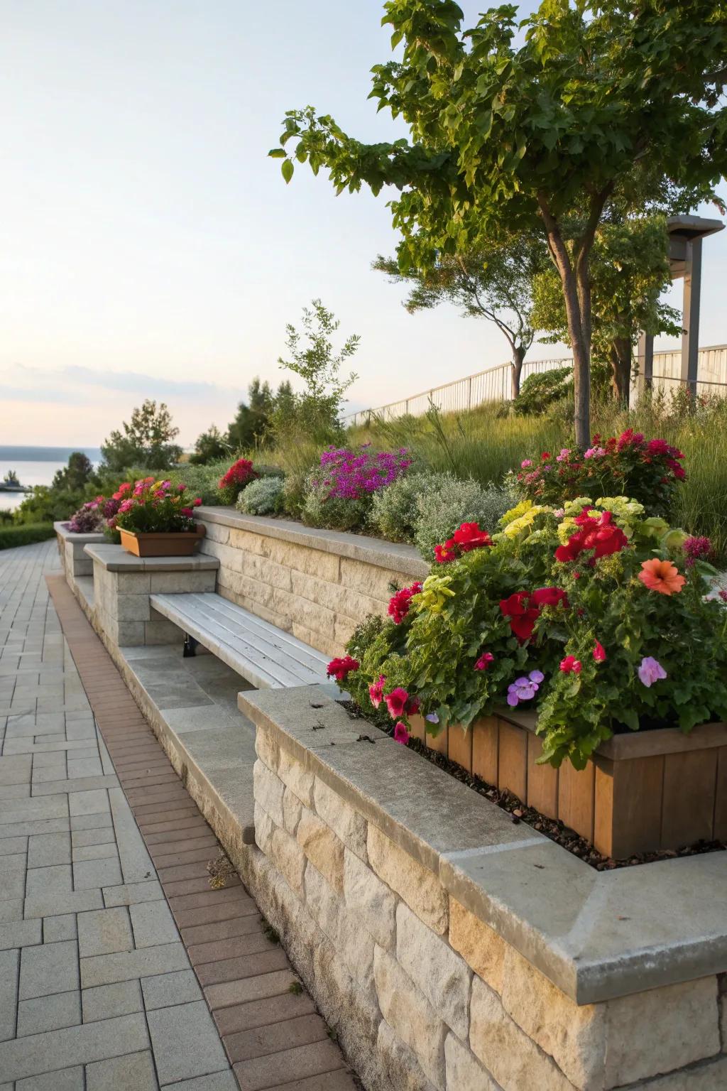 Built-in planters combine seating with lush greenery.