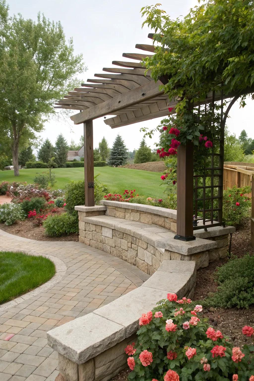 A pergola adds shade and sophistication to outdoor benches.