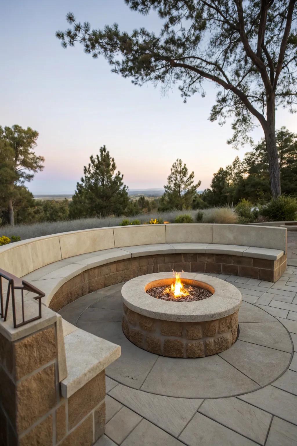 Integrated fire pits with bench seating create memorable outdoor experiences.