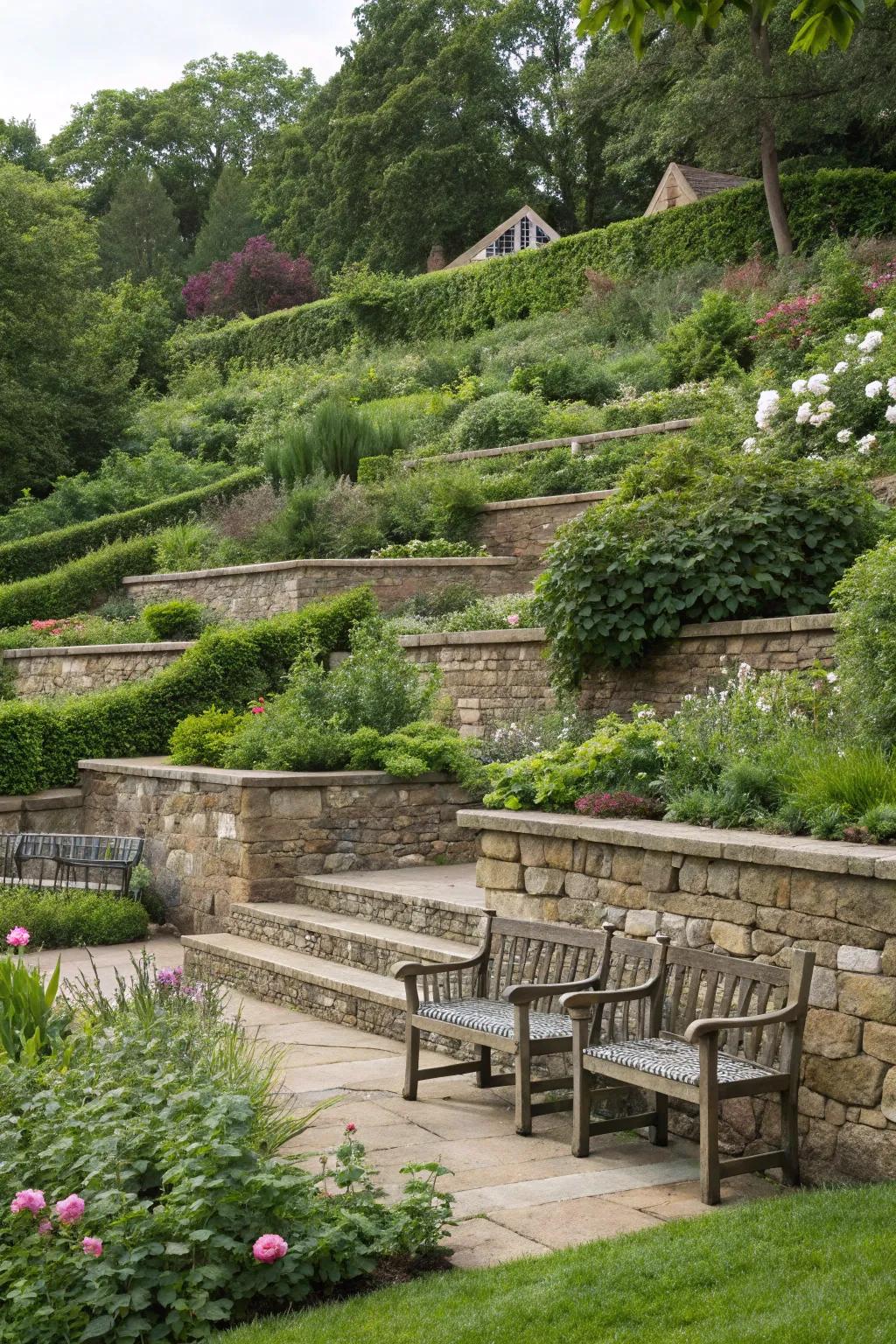 Tiered seating adds dimension and a vibrant feel to outdoor gathering spaces.
