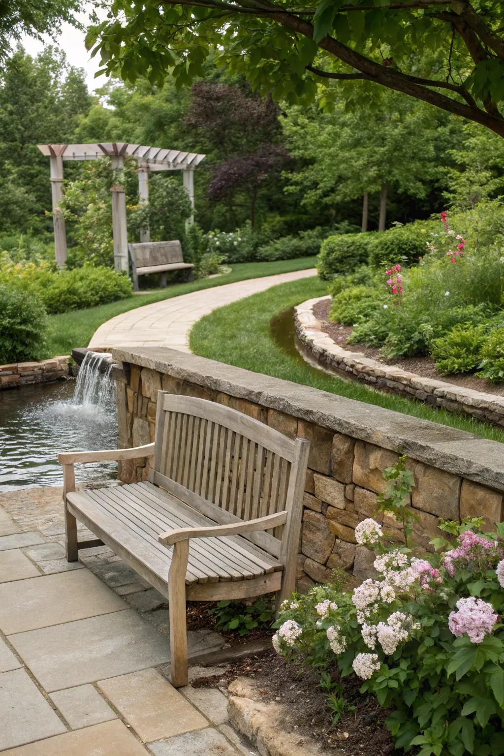 Water features add serenity to garden seating arrangements.