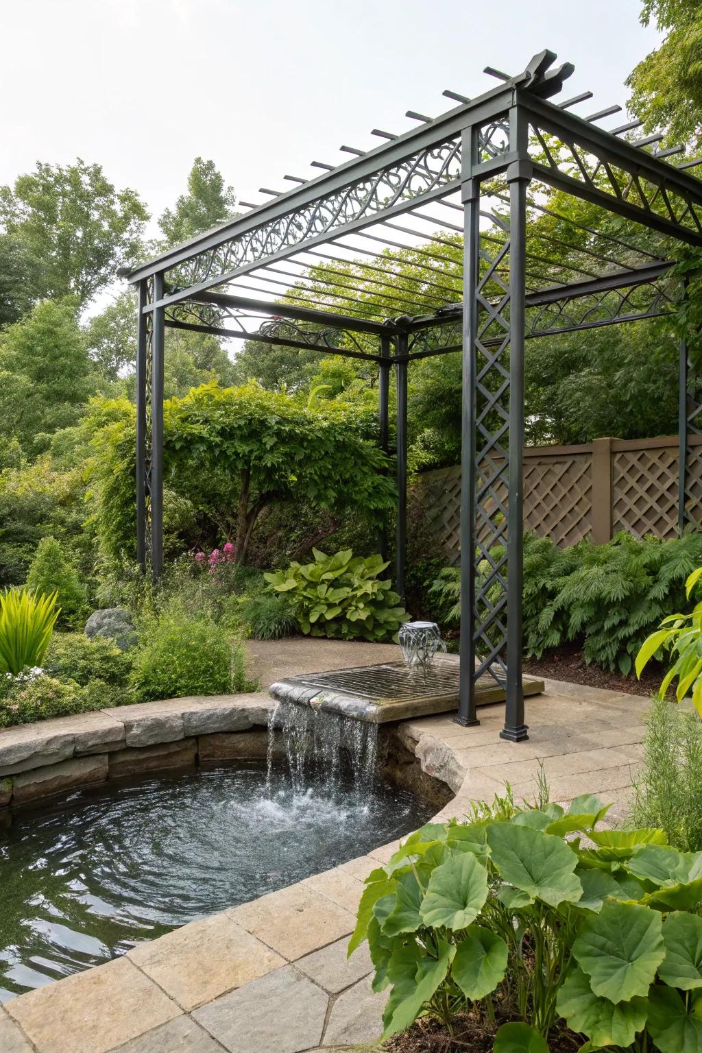 A water feature adds tranquility to your pergola setting.