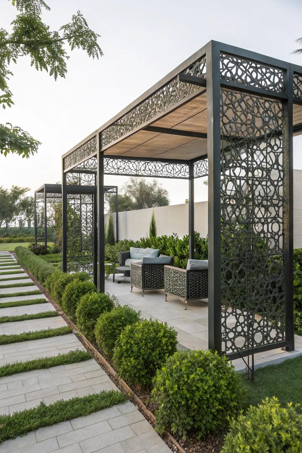 Geometric patterns add a modern touch to your pergola.
