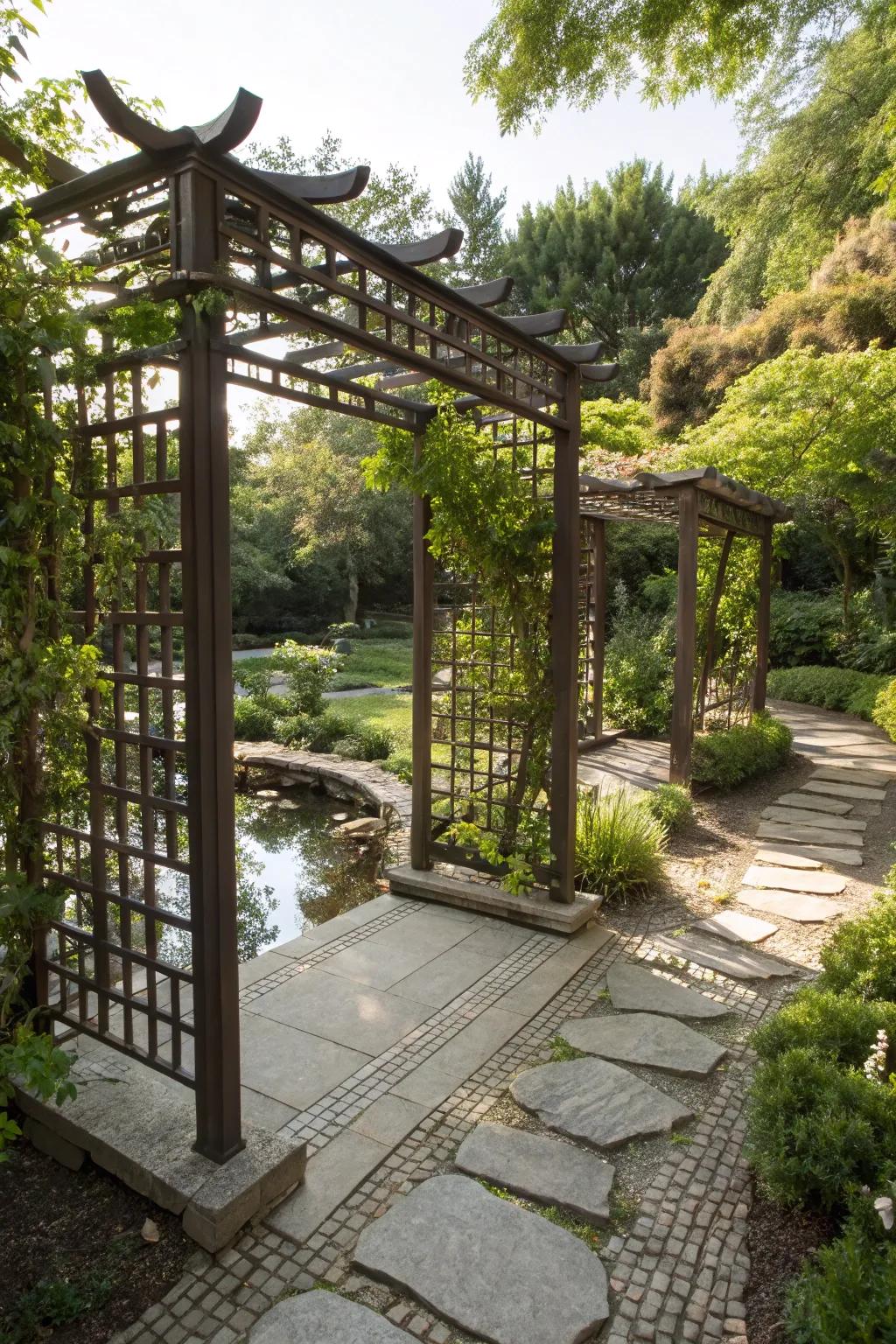 A Zen-inspired pergola offers a tranquil escape.