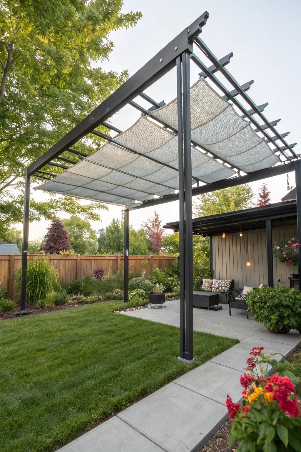 A floating canopy pergola adds a striking visual element.