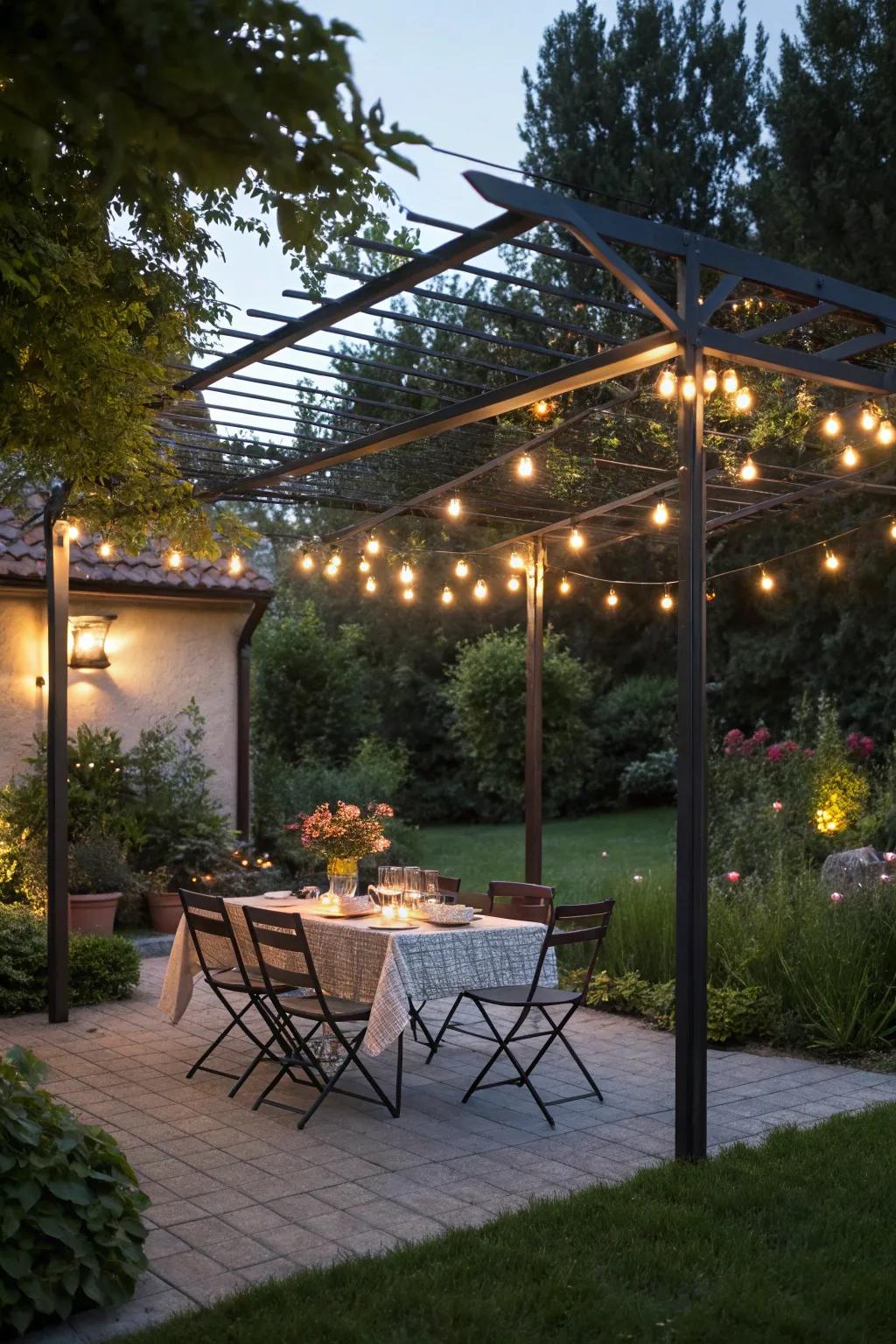 Dine under the stars with a pergola dining setup.