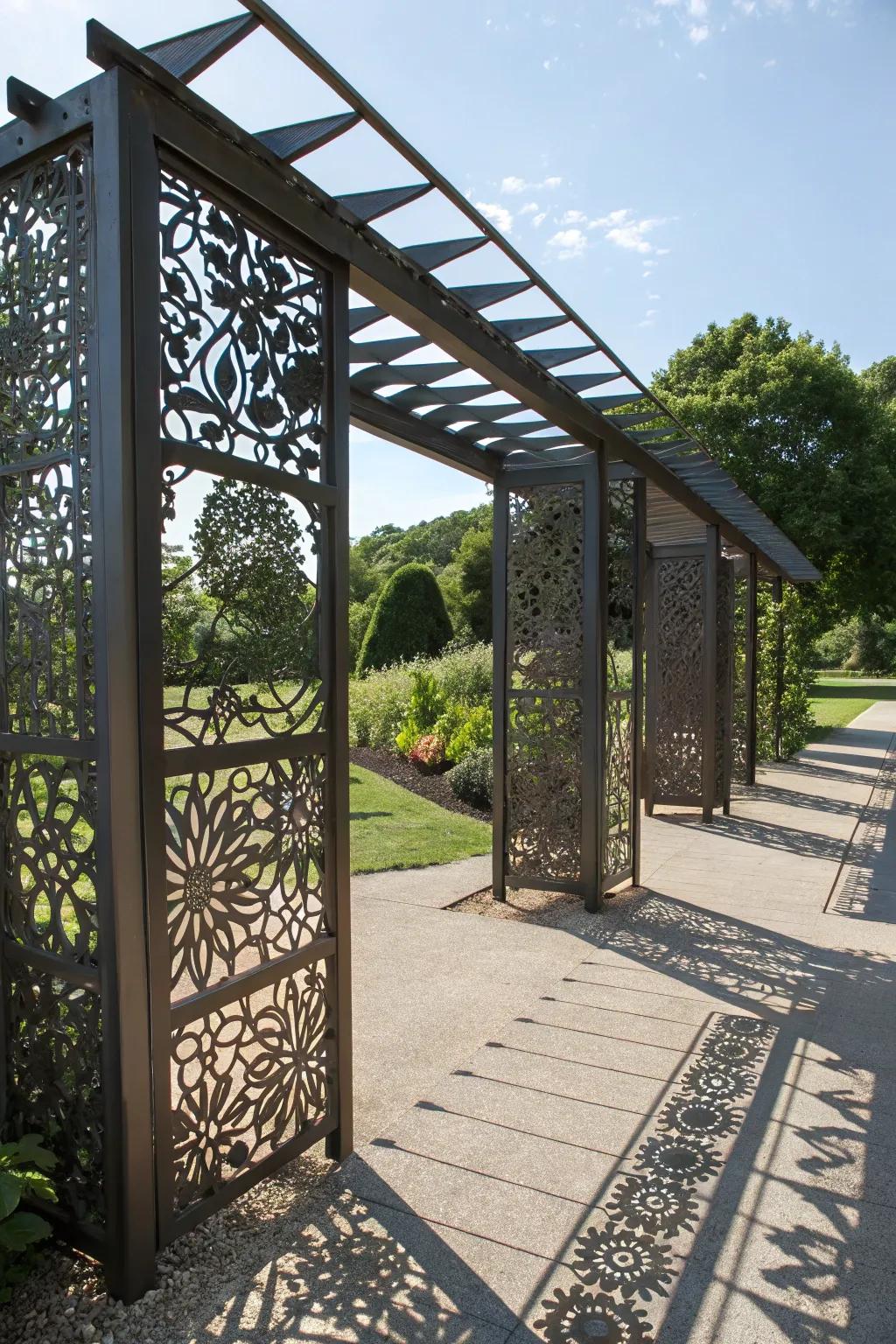 Laser-cut panels add an artistic flair to any pergola.