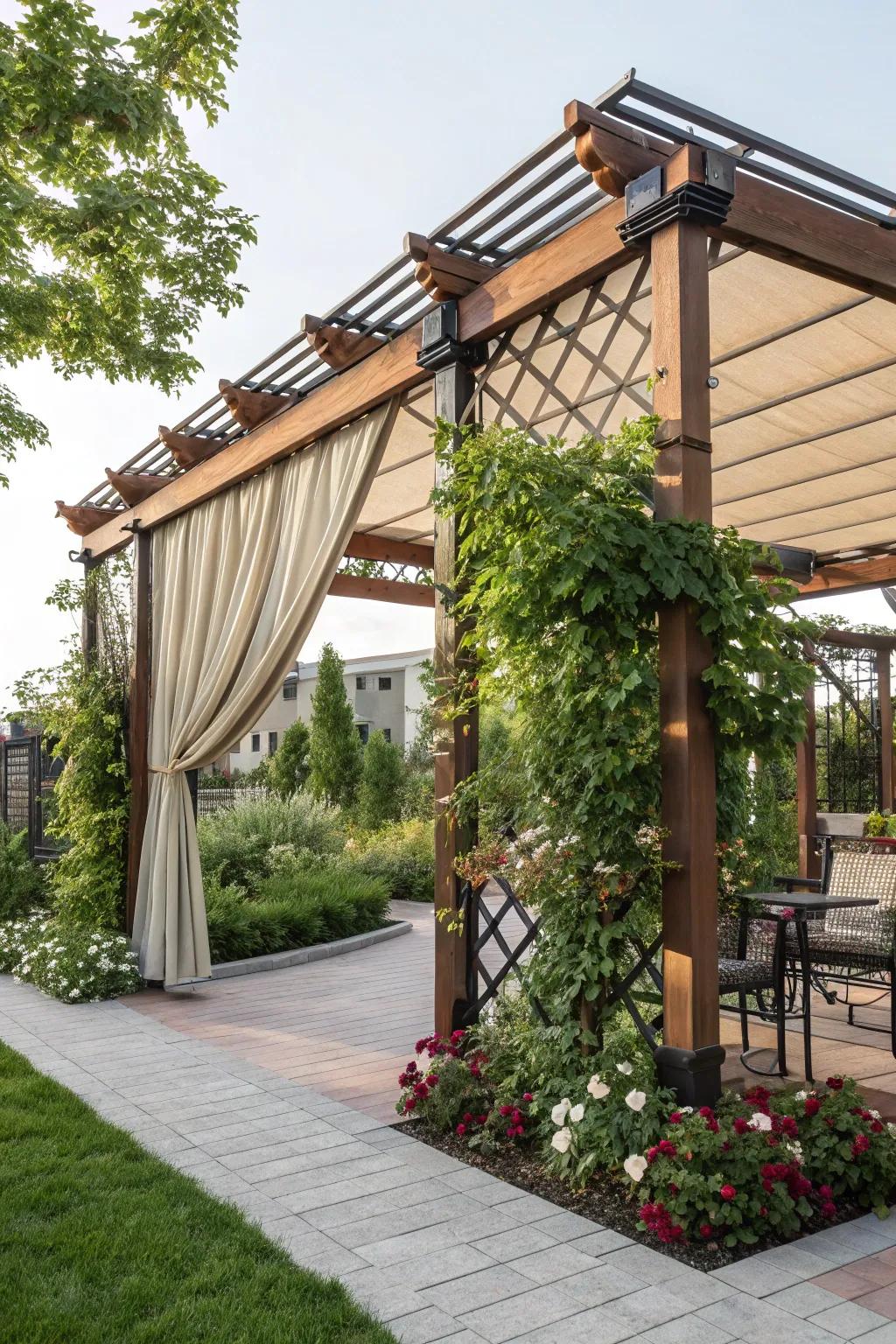Mixed materials create a pergola full of character.