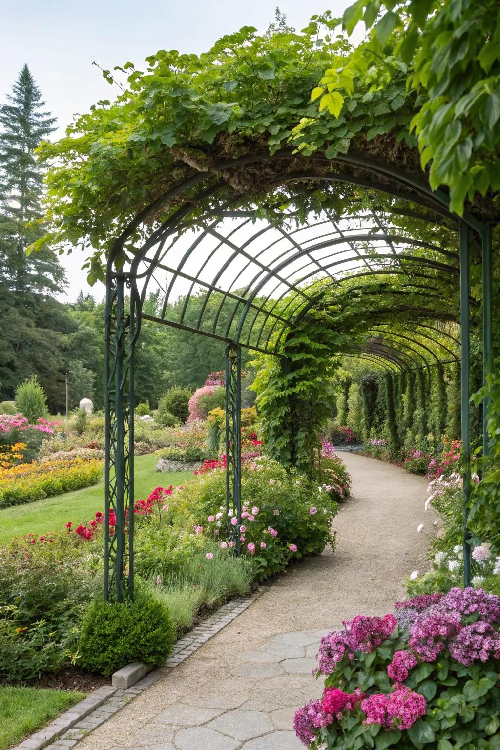A pergola transformed into a garden oasis with lush greenery.