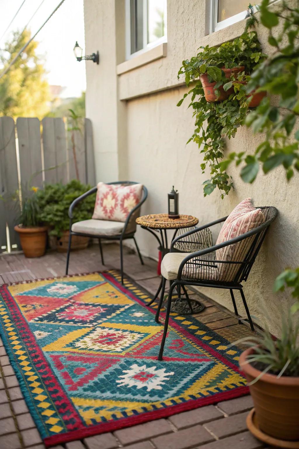 An outdoor rug can define and warm up your patio space effortlessly.