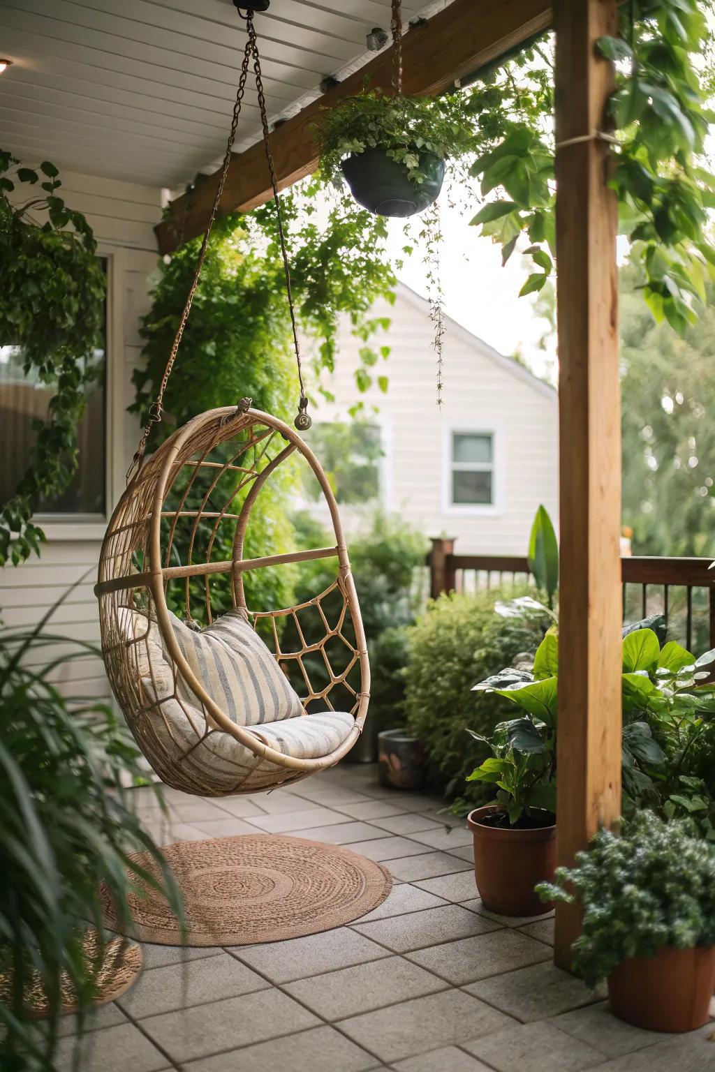 A hanging chair adds a unique and relaxing seating option to your patio.