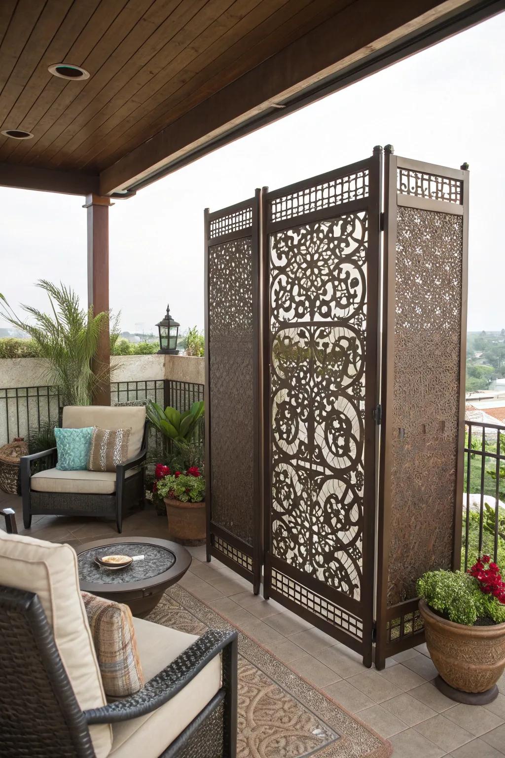 A decorative screen adds both privacy and a stylish touch to your patio.