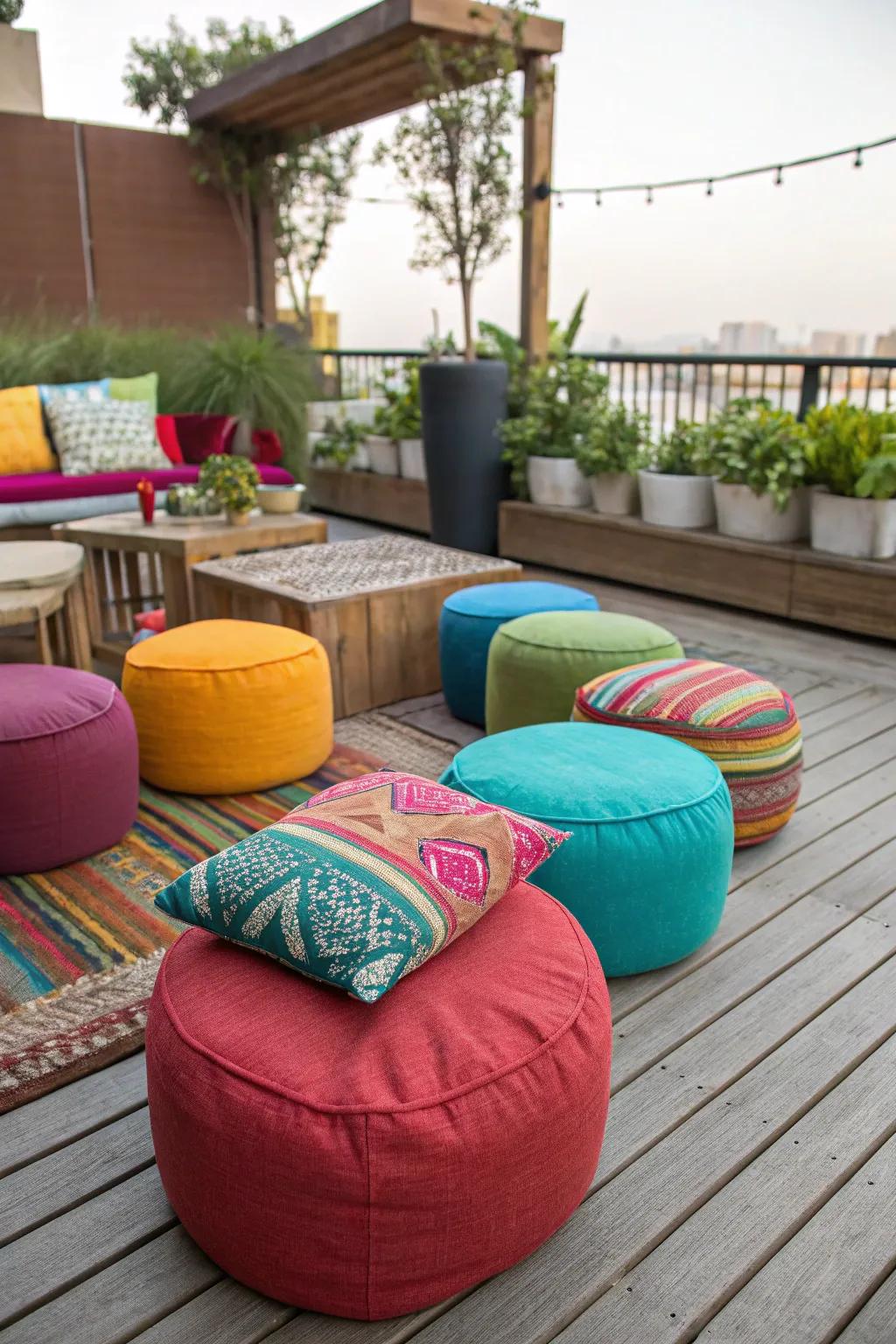 Colorful poufs offer versatile and vibrant seating options for your patio.
