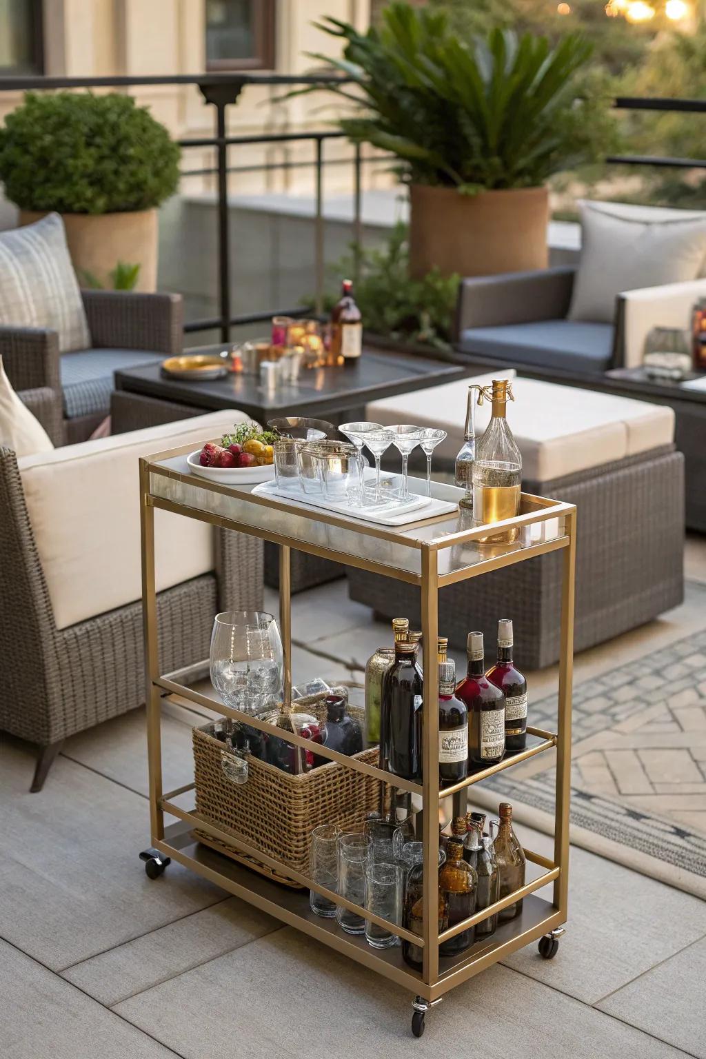 A mini bar cart adds convenience and flair for patio entertaining.