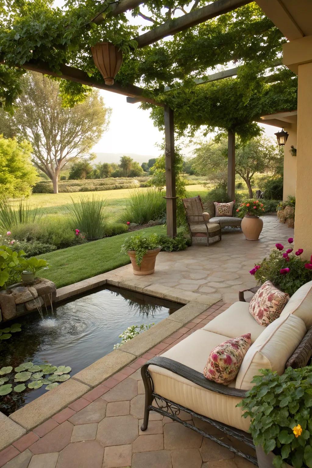 A small water feature brings a calming and zen-like atmosphere to your patio.