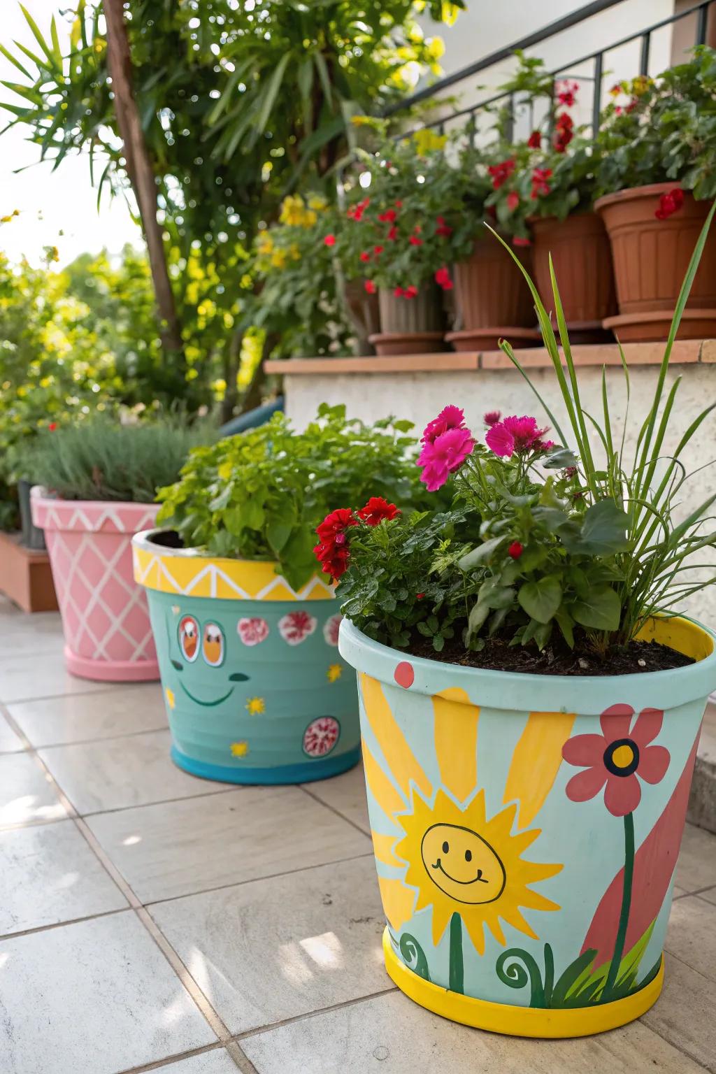 DIY painted planters add a personal and colorful touch to your patio.