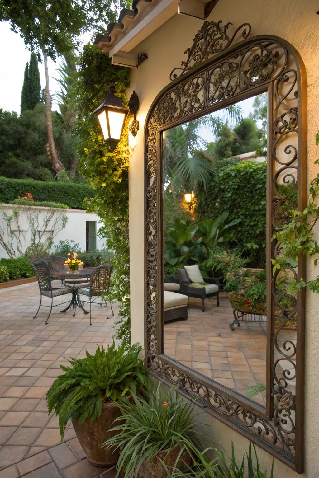 A mirror creates an illusion of space and enhances light on your patio.