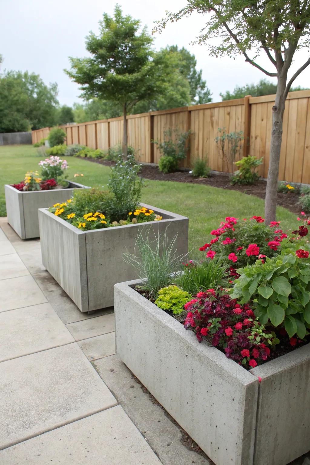 Concrete planters provide a modern showcase for plants.