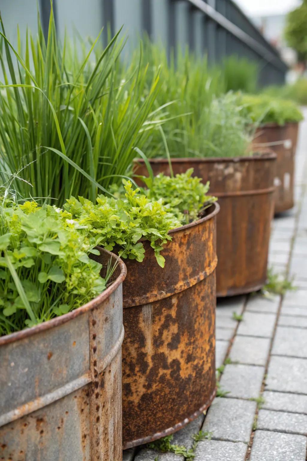 Rusted metal adds a rugged charm.